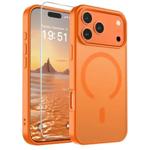 Магнитный чехол SUPFINE для iPhone 17 Pro с защитной пленкой для экрана (совместим с MagSafe) (защита от падений военного класса), полупрозрачный матовый противоударный чехол с защитой от отпечатков пальцев, цвет «Звездный оранжевый» - 1