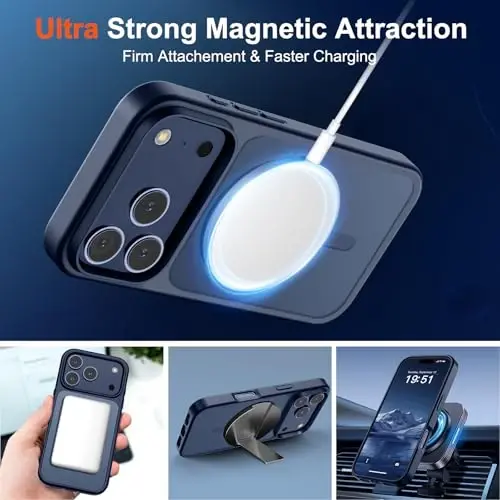 Магнитный чехол SUPFINE для iPhone 17 Pro с защитной пленкой для экрана (совместим с MagSafe) (защита от падений военного класса), полупрозрачный матовый ударопрочный чехол с защитой от отпечатков пальцев, темно-синий - 3