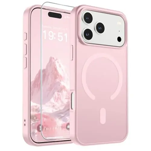 Магнитный чехол SUPFINE для iPhone 17 Pro с защитной пленкой (совместим с MagSafe) (защита от падений военного класса), полупрозрачный матовый ударопрочный чехол с защитой от отпечатков пальцев, светло-розовый - 1