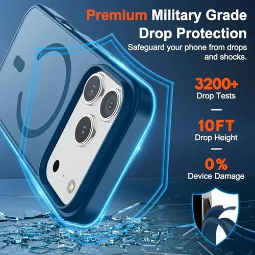 Магнитный чехол SUPFINE для iPhone 17 Pro (совместим с MagSafe), ударопрочный, матовый, полупрозрачный, защита от отпечатков пальцев, цвет темно-синий - 3