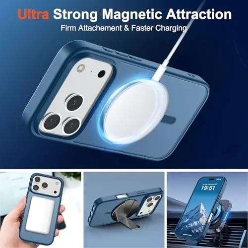 Магнитный чехол SUPFINE для iPhone 17 Pro (совместим с MagSafe), ударопрочный, матовый, полупрозрачный, защита от отпечатков пальцев, цвет темно-синий - 5