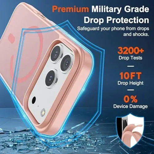 Магнитный чехол SUPFINE для iPhone 17 Pro (совместим с MagSafe), ударопрочный, с матовой полупрозрачной задней панелью, защитой от отпечатков пальцев, розовый. - 3