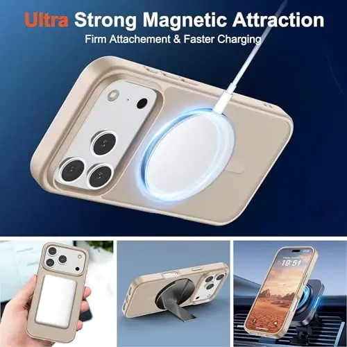 Магнитный чехол SUPFINE для iPhone 17 Pro (совместим с MagSafe) (защита от падений военного класса), полупрозрачный матовый ударопрочный чехол с защитой от отпечатков пальцев, цвет «Пустынное золото» - 5
