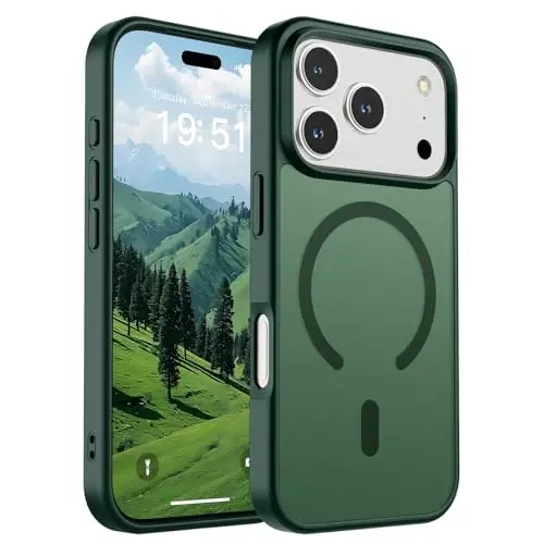 Магнитный чехол SUPFINE для iPhone 17 Pro (совместим с MagSafe) (защита от падений военного класса), полупрозрачный матовый ударопрочный чехол с защитой от отпечатков пальцев, лесной зеленый 