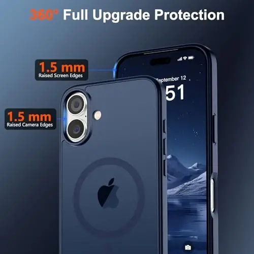 Магнитный чехол SUPFINE для iPhone 17 с защитным стеклом (совместим с MagSafe) (защита от падений военного класса), полупрозрачный матовый противоударный чехол с защитой от отпечатков пальцев, темно-синий - 2