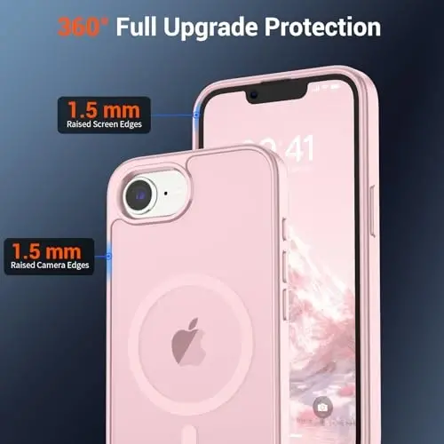 Магнитный чехол SUPFINE для iPhone 17e/iPhone 16e с защитным стеклом (совместим с MagSafe), ударопрочный, полупрозрачный матовый, военный класс защиты, светло-розовый - 4