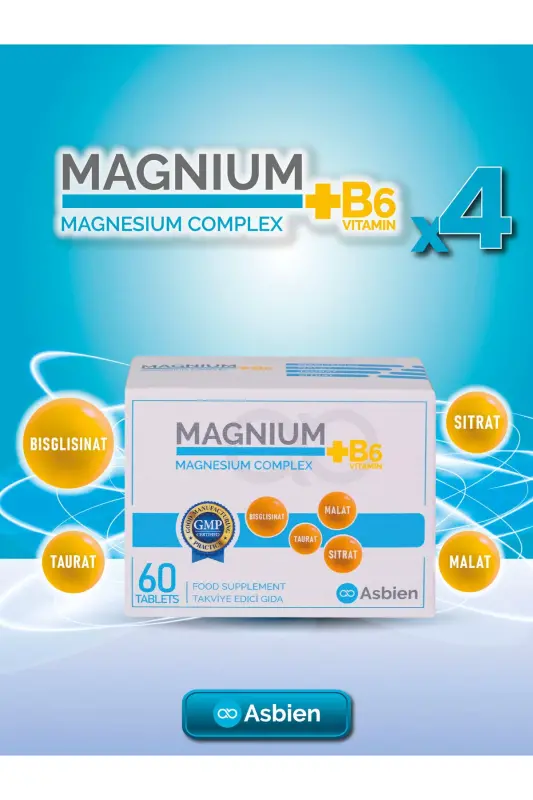 Magniy Kompleksi B6 60 tablet Magniy Bisglitsinat, Sitrat, Malat, Taurat, B6 Asbien - MAGNIUM