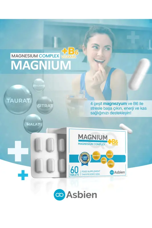 Magniy Kompleksi B6 60 tablet Magniy Bisglitsinat, Sitrat, Malat, Taurat, B6 Asbien - 7