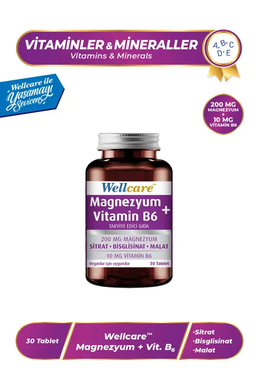 Magniy+vitamin B6 Qo'shimcha Oziq-ovqat Mahsuloti 30 Tabletka - WELLCARE