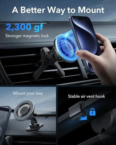 ESR for MagSafe Car Mount, Magnetic Phone Holder for Car Air Vent, Car Phone Holder Mount for iPhone 17/16/16e/15/14/13/12/Samsung, All Smartphones(2 Metal Rings Included),Charging Not Supported - ESR (1)