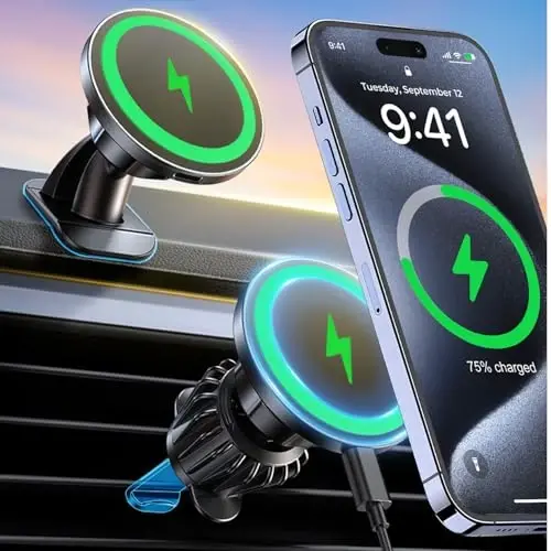 for MagSafe Car Mount Wireless Charger, 2-in-1 Dashboard and Air Vent Mount, Strong Adhesive, Heat Resistant, 360° Rotation, Magnetic Phone Holder for Your Car Accessories for iPhone 16/15 Pro Max - MODAZONE