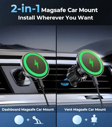 for MagSafe Car Mount Wireless Charger, 2-in-1 Dashboard and Air Vent Mount, Strong Adhesive, Heat Resistant, 360° Rotation, Magnetic Phone Holder for Your Car Accessories for iPhone 16/15 Pro Max - MODAZONE (1)