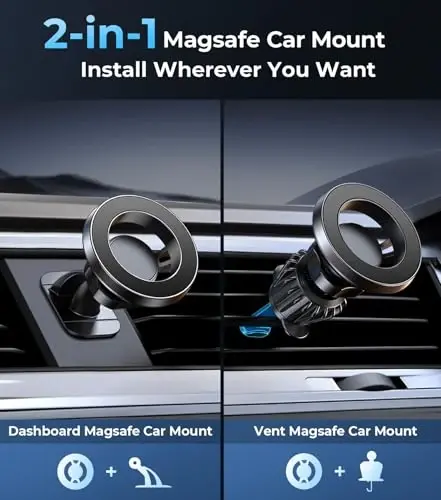 【20X Official Certified Magnets 】for MagSafe Car Mount, 2in1 Dashboard Air Vent Phone Holder, Strong Adhesive, Heat Resistant, 360° Rotation, Fits for iPhone 16, Best Travel Accessories for Men&Women - 2