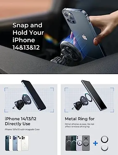 LISEN for Magsafe Car Mount, Magnetic Phone Holder for Car Vent Phone Mount, Hands Free Phone Mount for Car Accessories Dashboard Windshield Vent Cell Phone Holder for iPhone Car Mount Silver Kits - 5