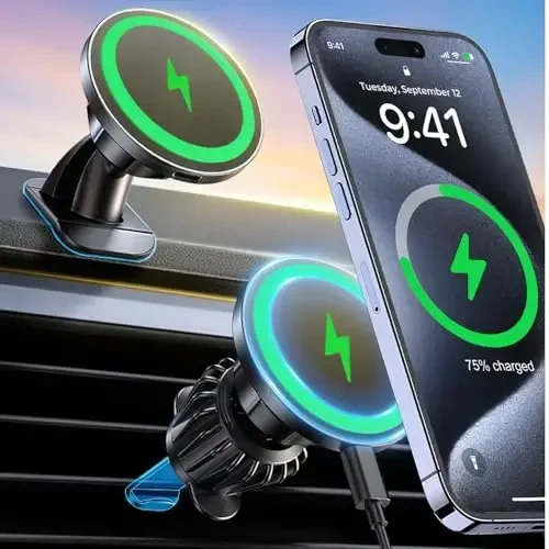 for MagSafe Car Mount Wireless Charger, 2-in-1 Dashboard and Air Vent Mount, Strong Adhesive, Heat Resistant, 360° Rotation, Magnetic Phone Holder for Your Car Accessories for iPhone 16/15 Pro Max 