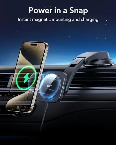 MagSafe avtomobil o'rnatish moslamasi uchun ESR zaryadlovchi, Asboblar paneli magnit simsiz avtomobil zaryadlovchi o'rnatish moslamasi, MagSafe avtomobil zaryadlovchisi bilan mos keladi, iPhone 17/16/15/14/13/12, Galaxy S25, Tez zaryadlash, Avtomobil aksessuarlari, Qora - MODAZONE (1)