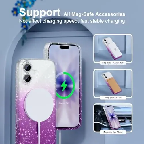 MagSafe bilan mos keluvchi iPhone 17 uchun Choiche Magnetic g‘ilofi, olmossimon kamera linzalari himoyasiga ega ayollar uchun yoqimli yaltiroq va porloq telefon g‘ilofi, Harbiy darajadagi tushishdan himoya 6.3