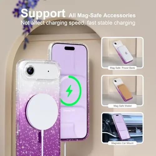 MagSafe-ga mos iPhone 17 Air g‘ilofli Choiche Magnetic, Olmos kamera linza himoya qatlamiga ega ayollar uchun yoqimli yaltiroq va porloq telefon g‘ilofi, Harbiy darajadagi tushishdan himoya 6.5