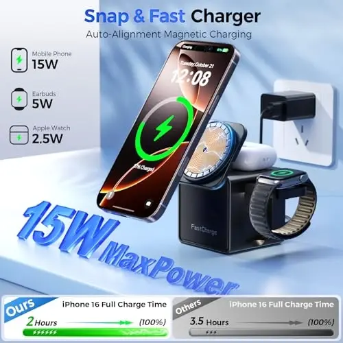 3-in-1 Wireless Charging Station for MagSafe, Fast 15W Magnetic Charger Stand for iPhone 17 16 15 14 13 12, Apple Watch & AirPods, Foldable Travel Charger with Night Light (18W Adapter Included) - 2