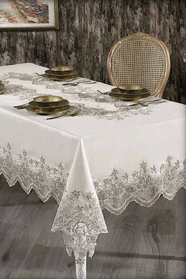 Mahidevran Cream Lace Dowry 26 Piece 12 Person Dinner Tablecloth Set Runner Set - 1