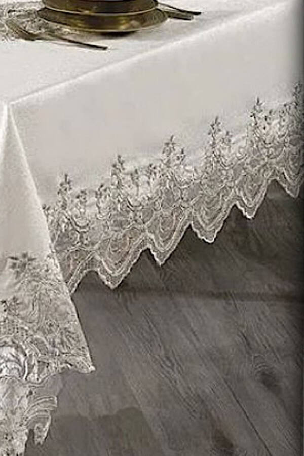 Mahidevran Cream Lace Dowry 26 Piece 12 Person Dinner Tablecloth Set Runner Set - 2