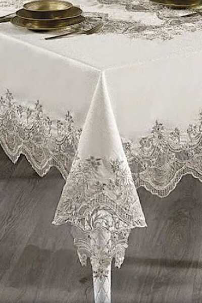 Mahidevran Cream Lace Dowry 26 Piece 12 Person Dinner Tablecloth Set Runner Set - 3