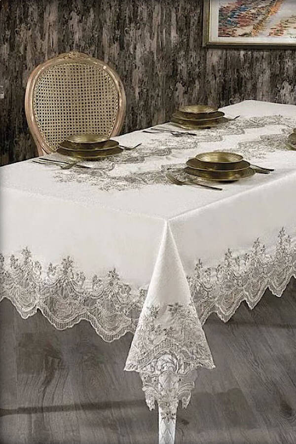 Mahidevran Cream Lace Dowry 26 Piece 12 Person Dinner Tablecloth Set Runner Set - 4