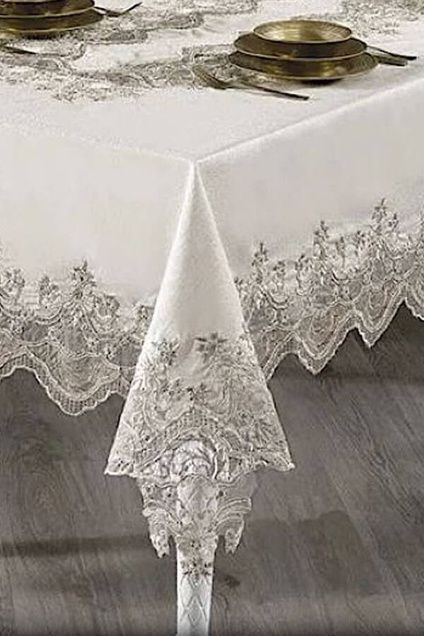 Mahidevran Cream Lace Dowry 26 Piece 12 Person Dinner Tablecloth Set Runner Set - 5