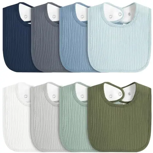 MairMore 8-Pack Baby Muslin Bibs, Soft Cotton Drool Bibs for Boys Girls, Adjustable and Absorbent Newborn Bib Set for Feeding and Drooling 