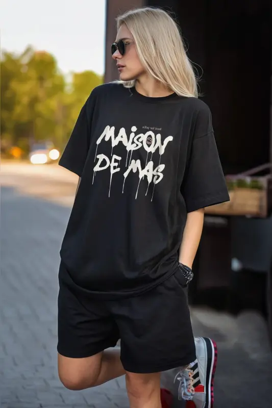 Maison Dizayn T-Shirt Short Kombin Komplekt - Qora Bosma Oversize Velosiped Yoqasi - Qora - MYTHOLOGIE