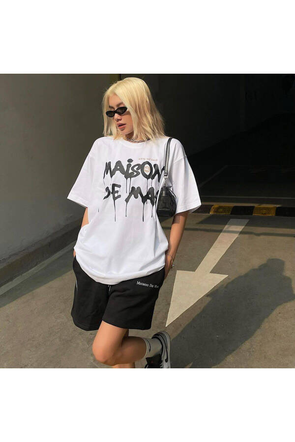 Maison Tasarım T-Shirt Şort Kombin Takım - Beyaz Siyah Baskılı Oversize Bisiklet Yaka - 1