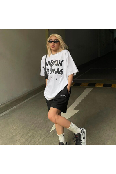 Maison Tasarım T-Shirt Şort Kombin Takım - Beyaz Siyah Baskılı Oversize Bisiklet Yaka - 5