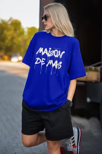 Maison Tasarım T-Shirt Şort Kombin Takım - Sax Mavi Siyah Baskılı Oversize Bisiklet Yaka-Sax Mavi Siyah 