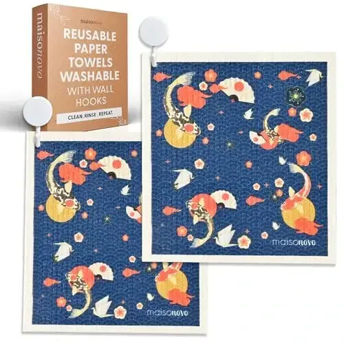 MaisoNovo Swedish Dishcloths for Kitchen | Reusable Paper Towels with Hook | Reusable Paper Towels Washable | Swedish Dishcloth Reusable Paper Towel | Kyoto Fish - Pack of 2 - 1
