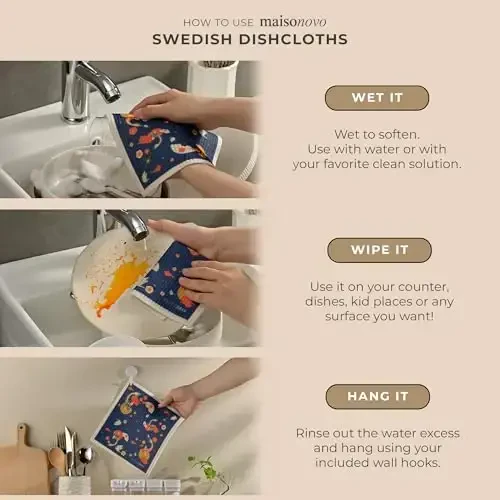 MaisoNovo Swedish Dishcloths for Kitchen | Reusable Paper Towels with Hook | Reusable Paper Towels Washable | Swedish Dishcloth Reusable Paper Towel | Kyoto Fish - Pack of 2 - 6