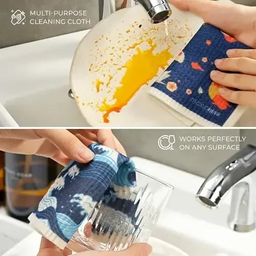 MaisoNovo Swedish Dishcloths for Kitchen | Reusable Paper Towels with Hook | Reusable Paper Towels Washable | Swedish Dishcloth Reusable Paper Towel | Kyoto Fish - Pack of 2 - 3