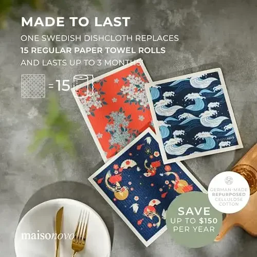 MaisoNovo Swedish Dishcloths for Kitchen | Reusable Paper Towels with Hook | Reusable Paper Towels Washable | Swedish Dishcloth Reusable Paper Towel | Kyoto Fish - Pack of 2 - 5