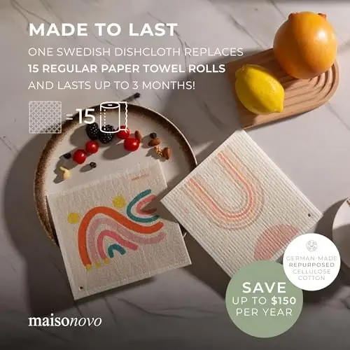 MAISONOVO Swedish Dishcloths- Reusable Paper Towels - Swedish Dishcloths for Kitchen- Modern Pack of 4 - Reusable Paper Towels Washable Kitchen Cleaning Cloths - 4