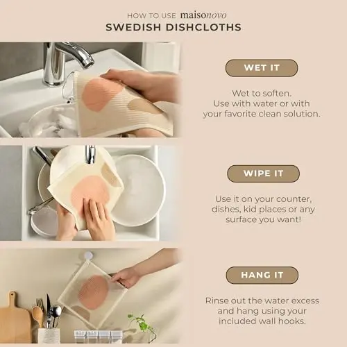 MAISONOVO Swedish Dishcloths- Reusable Paper Towels - Swedish Dishcloths for Kitchen- Modern Pack of 4 - Reusable Paper Towels Washable Kitchen Cleaning Cloths - 5