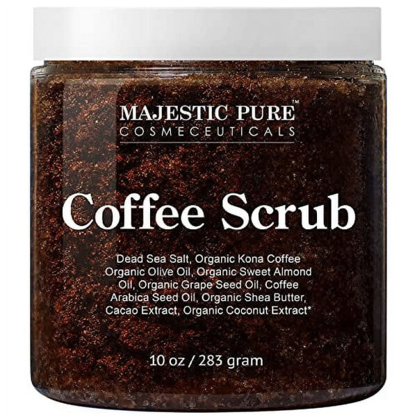 Majestic Pure Arabica Coffee Scrub - Terini parvarishi, cho'zilish izlari, akne va selülit uchun to'liq tabiiy tana go'shishi, o'rgimchak tomirlarining ko'rinishini kamaytirish, ekzema, keksalik dog'lari va varikoz tomirlar - 10 untsiya - 7
