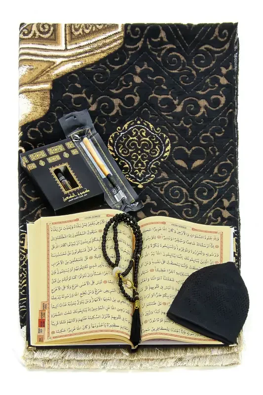Makamı Ibrahim Model Ultra Luxury Chenille Prayer Rug Set-1-Black - 3