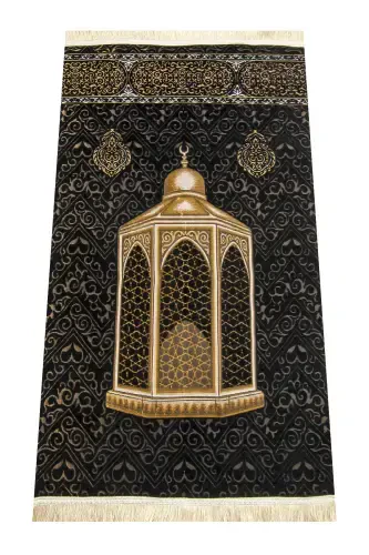 Makamı Ibrahim Model Ultra Luxury Chenille Prayer Rug Set-1-Black - 4