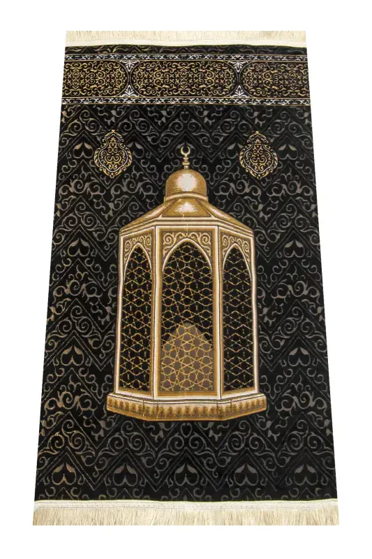 Makamı Ibrahim Model Ultra Luxury Chenille Prayer Rug Set-1-Black - 4