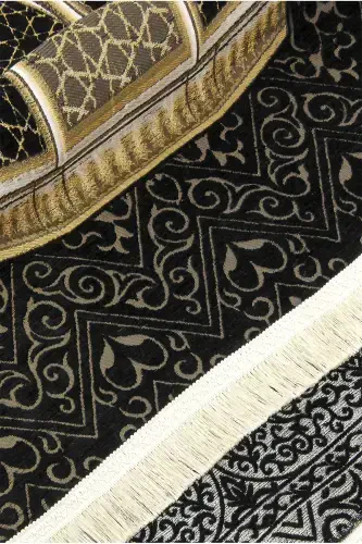 Makamı Ibrahim Model Ultra Luxury Chenille Prayer Rug Set-1-Black - 5