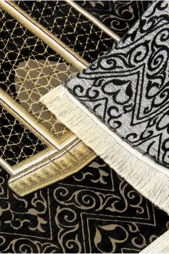 Makamı Ibrahim Model Ultra Luxury Chenille Prayer Rug Set-1-Black - 6