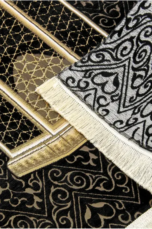 Makamı Ibrahim Model Ultra Luxury Chenille Prayer Rug Set-1-Black - 6