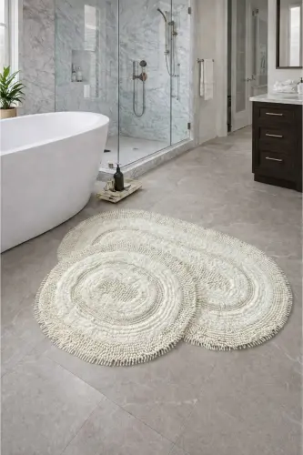 Macoroni Oval Krem 2'li Banyo Paspası Seti Doğal Pamuklu Banyo Halısı Klozet Takımı - Krem 