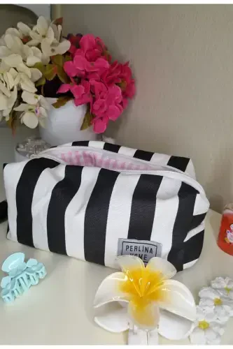 Makeup Bag Black White Striped_Large Size-black striped - PERLINA HOME (1)