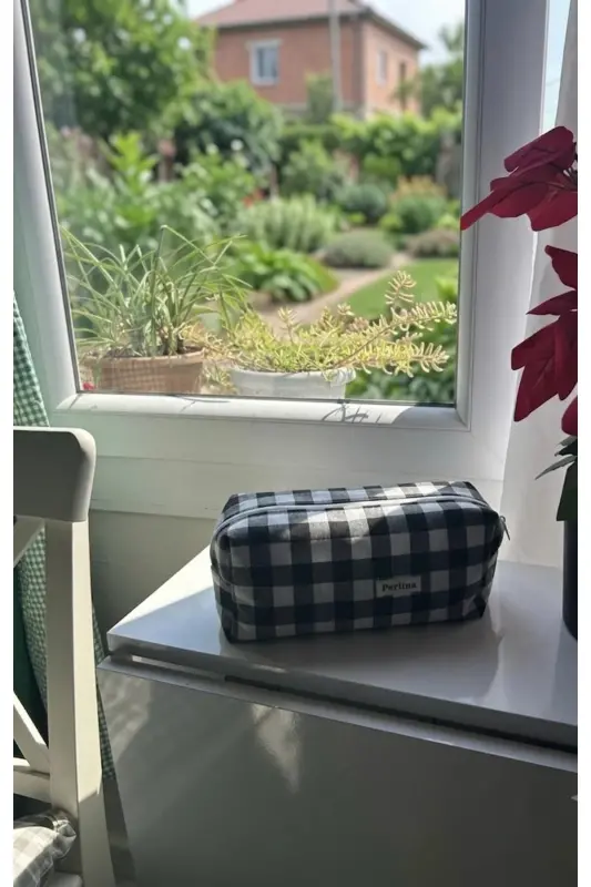 Makeup Bag Plaid Large Square Grey Large Size - Grey Plaid - 1