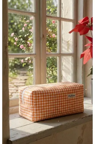 Makeup Bag Plaid Orange Large Size - Orange 
